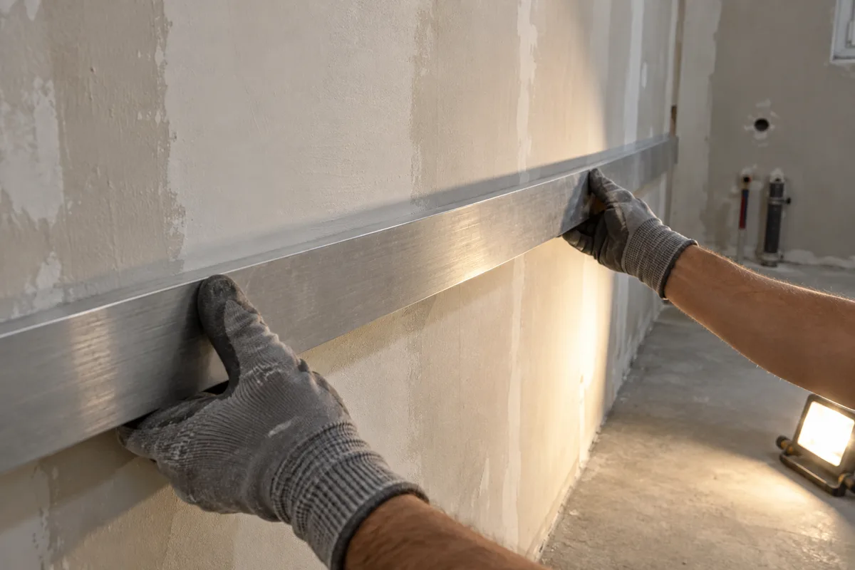 Règle en aluminium posée contre un mur de salle de bain pour vérifier la planéité