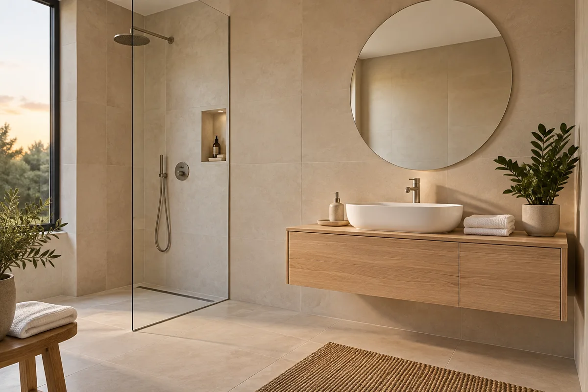Salle de bain rénovée habillée de grandes plaques de grès cérame beige aux joints fins