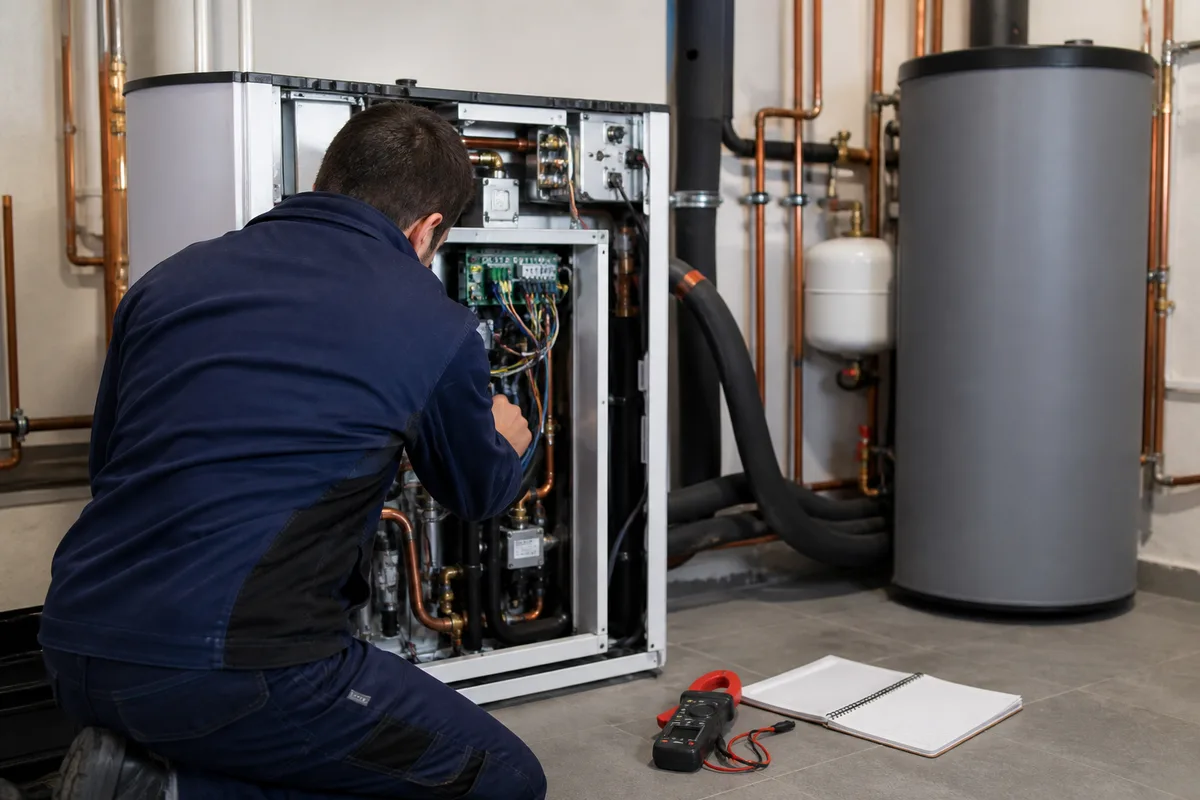 Technicien contrôlant les paramètres d&rsquo;une pompe à chaleur air-eau lors de la visite d&rsquo;entretien réglementaire
