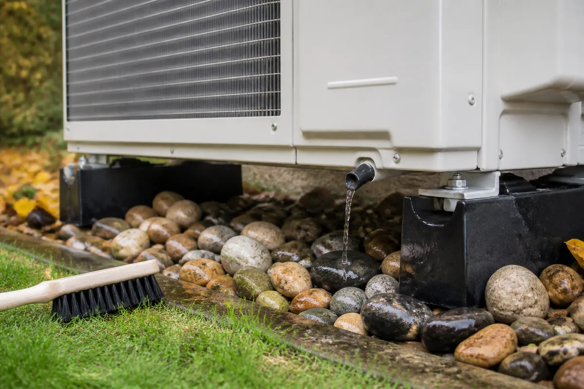 Unité extérieure de pompe à chaleur air-eau dégagée dans un jardin, ailettes propres et évacuation des condensats libre