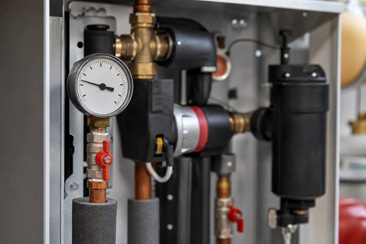 Manomètre et module hydraulique intérieur d&rsquo;une pompe à chaleur air-eau dans un local technique de maison individuelle