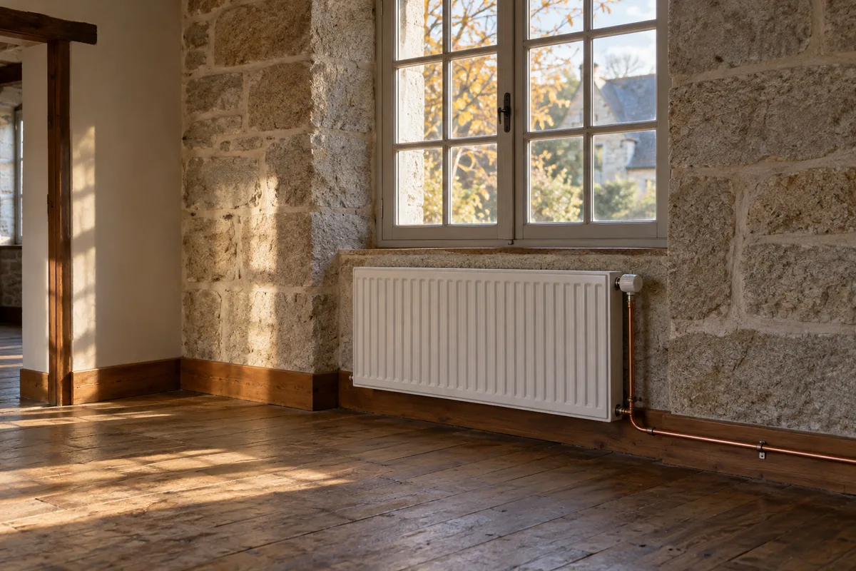 Radiateur en acier blanc sous la fenêtre d&rsquo;une longère, tuyau de cuivre le long de la plinthe