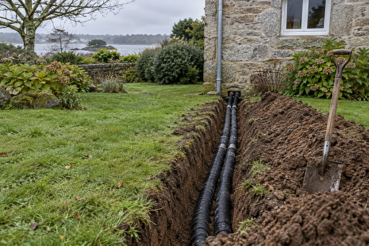 Tranchée étroite dans un jardin breton, deux tuyaux gainés d&rsquo;isolant noir menant au mur en granit d&rsquo;une maison