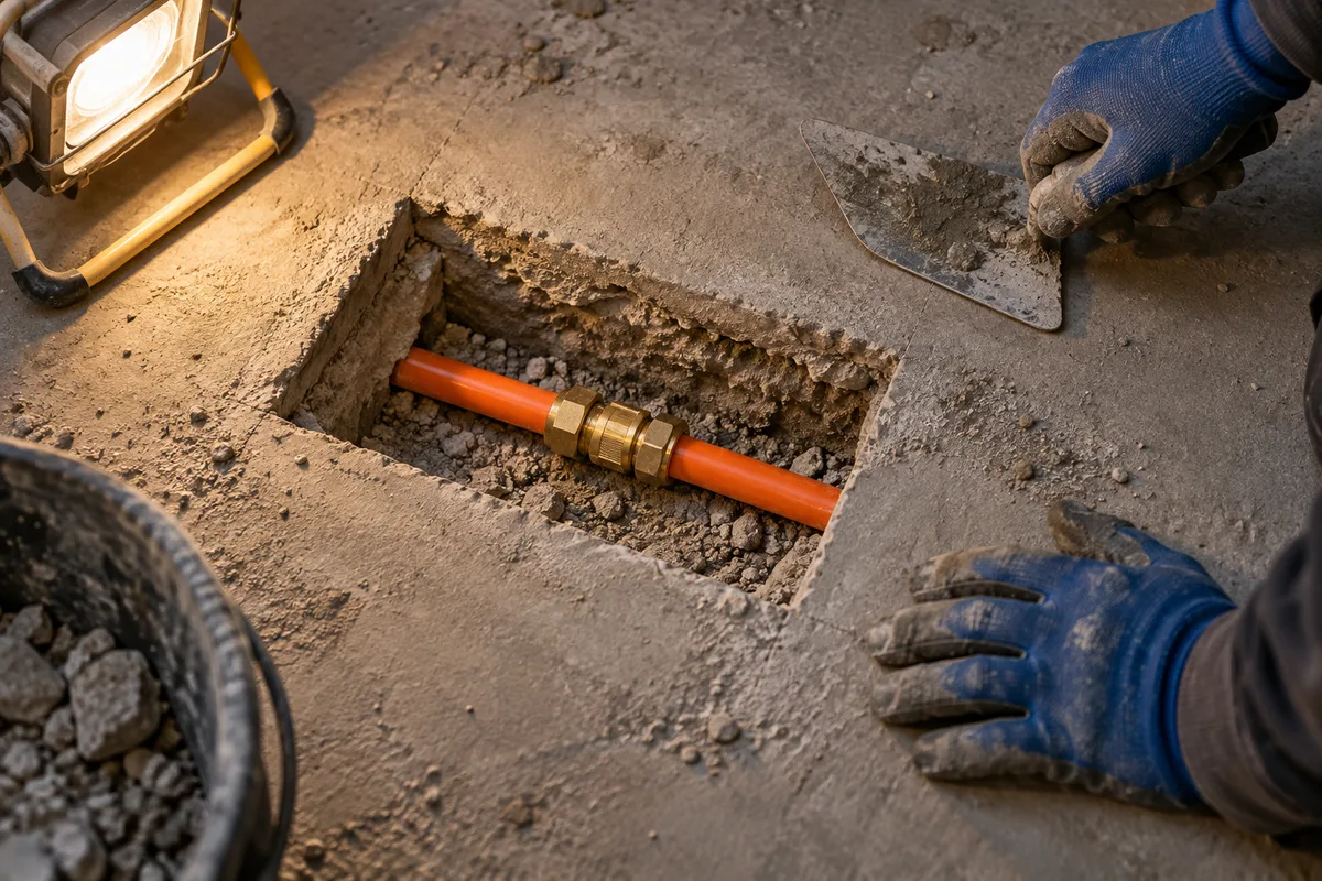 Mains en gants de travail bleus près d&rsquo;une ouverture découpée dans une chape grise, tube de plancher chauffant orange dégagé