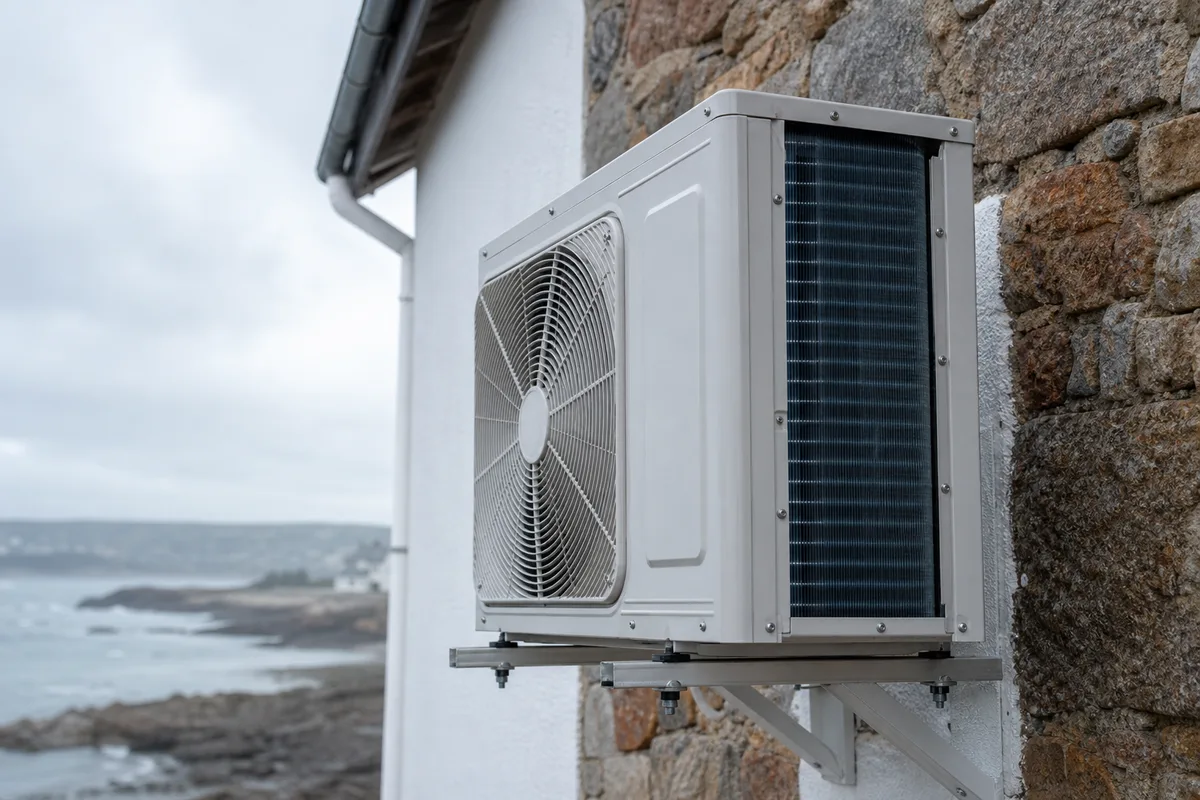 Unité extérieure de pompe à chaleur air-eau installée contre le pignon abrité d’une maison en granit près de la baie de Douarnenez