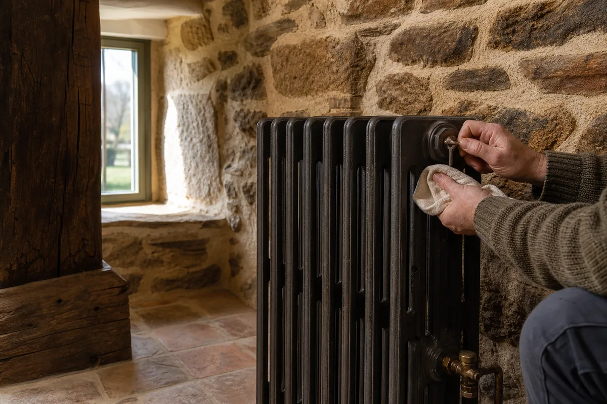 Radiateur en fonte rénové sur un mur en granit apparent dans une longère bretonne