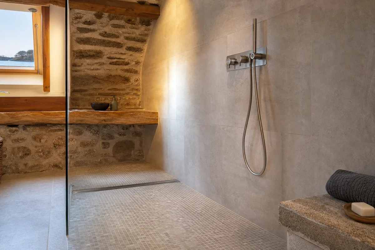 Douche à l’italienne terminée avec caniveau inox et mosaïque dans une maison en pierre rénovée