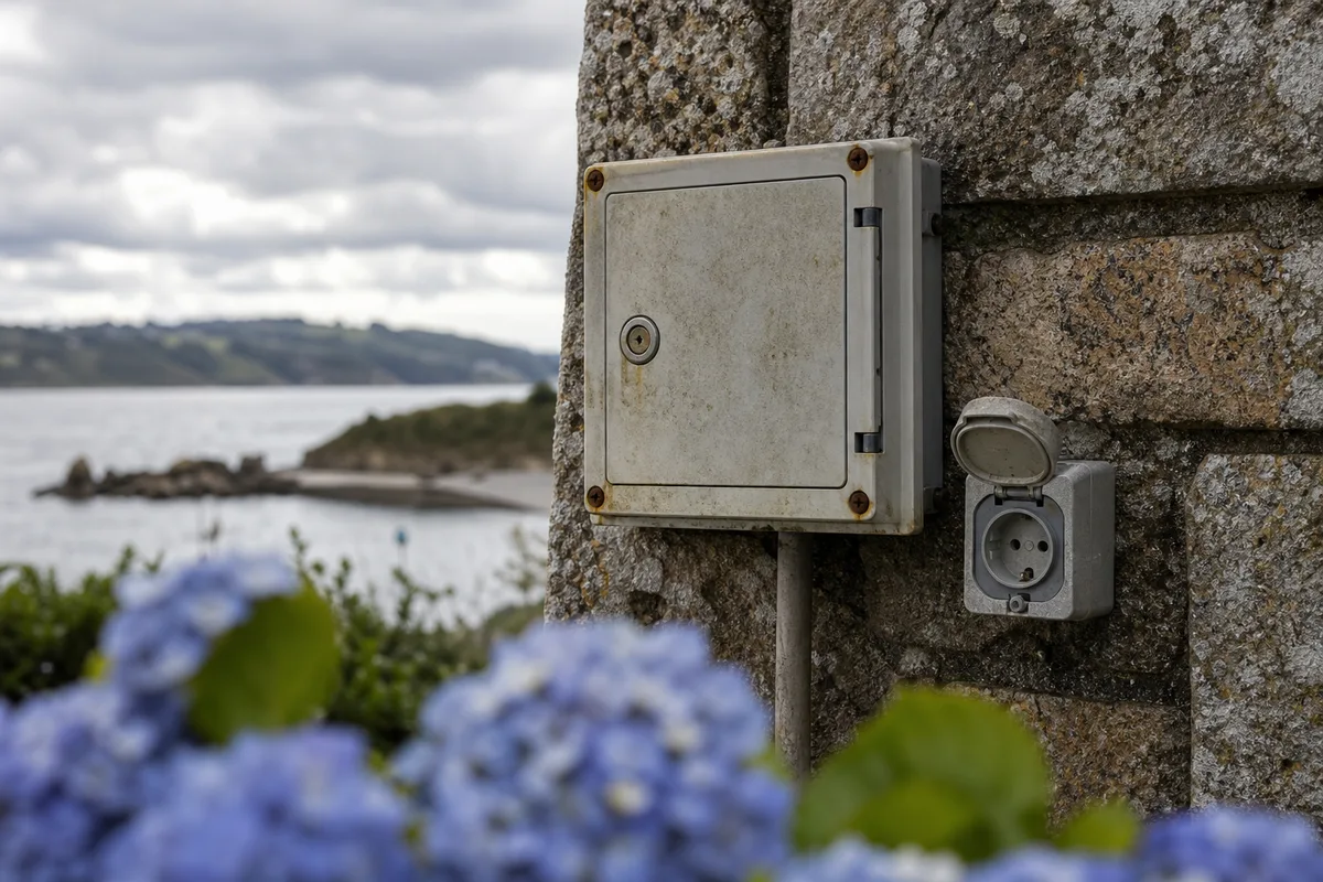 Prise étanche et coffret électrique extérieur marqués par les embruns sur une façade en granit face à la baie de Douarnenez