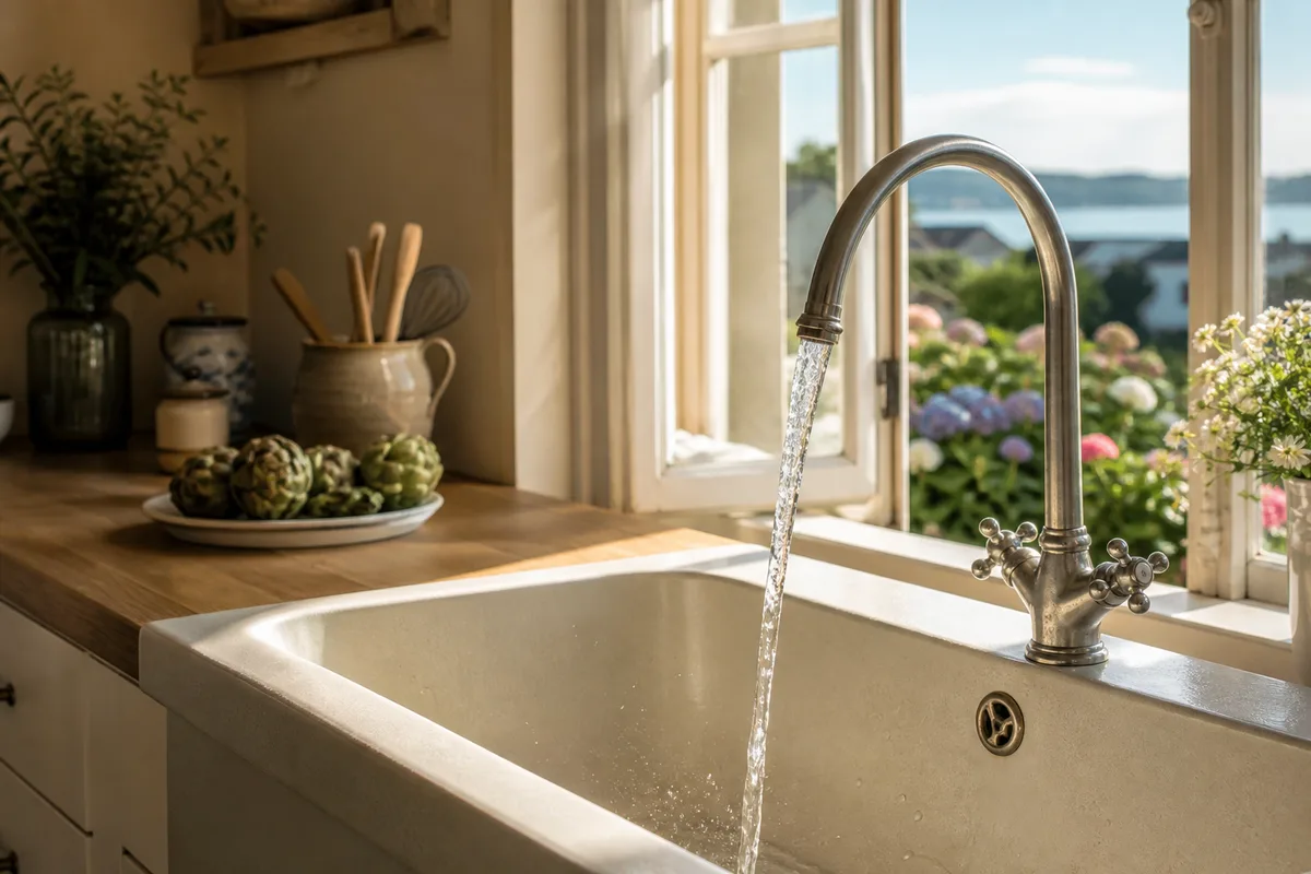 Eau coulant d&rsquo;un robinet de cuisine lors de la réouverture printanière d&rsquo;une maison de la baie