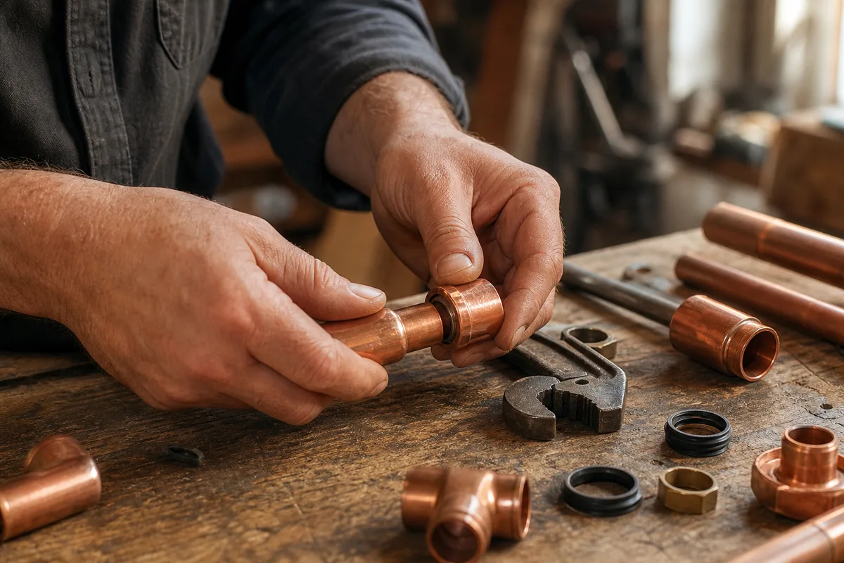 Mains d&rsquo;un artisan assemblant des raccords en cuivre sur un établi