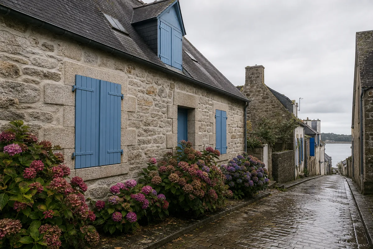 Penty breton en granit aux volets fermés hors saison près de Tréboul