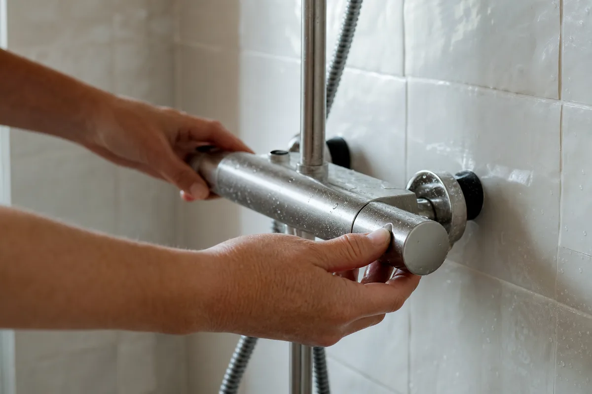 Mains réglant un mitigeur thermostatique dans une douche à l&rsquo;italienne au carrelage clair