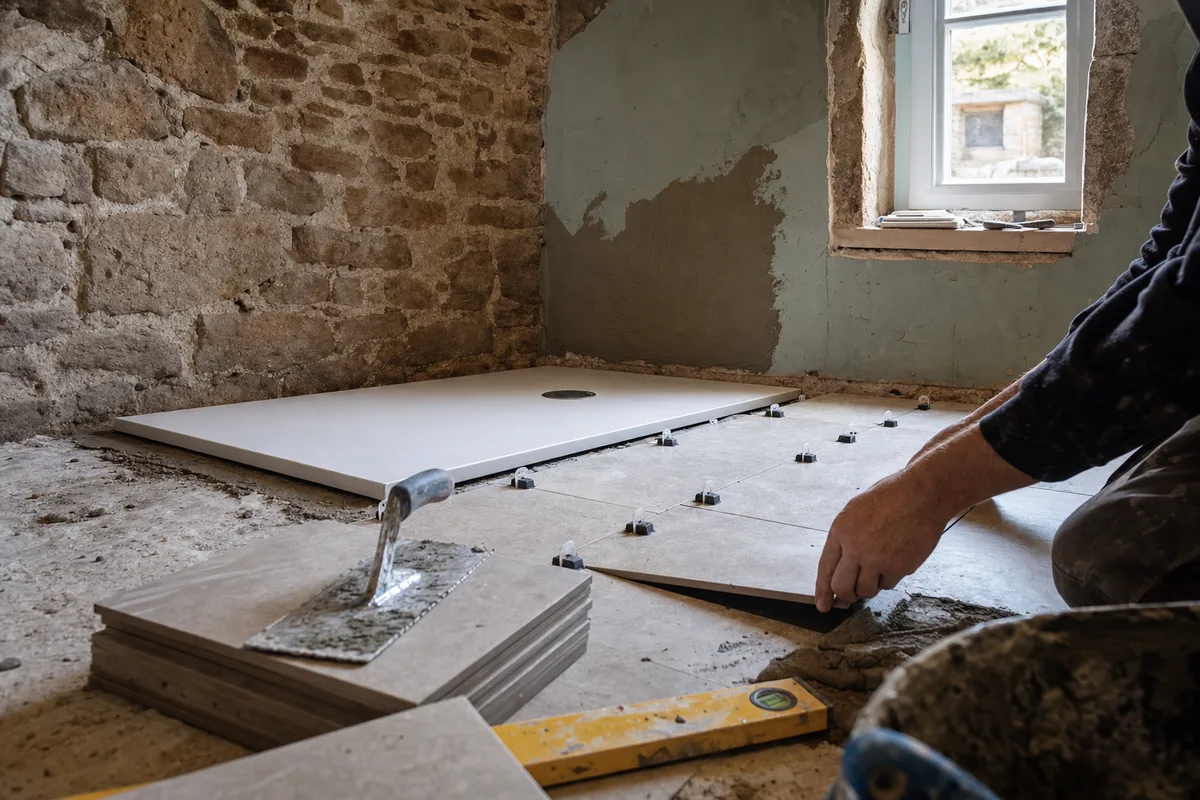 Chantier de rénovation de salle de bain dans une maison ancienne en pierre du Finistère