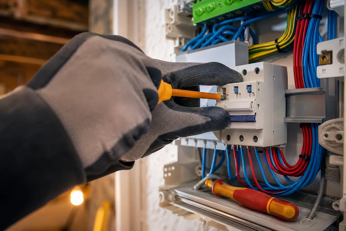 Mains d&rsquo;un électricien raccordant les disjoncteurs d&rsquo;un tableau électrique neuf