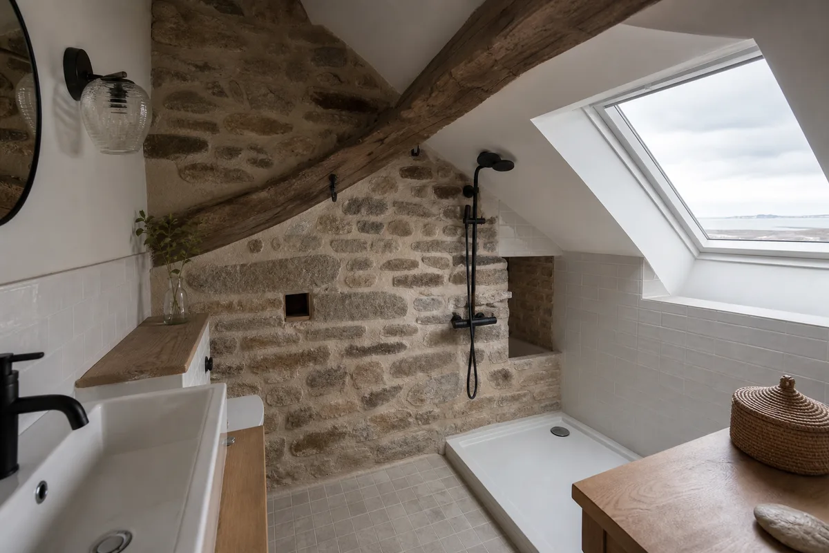 Salle de bain rénovée dans une maison en pierre à Douarnenez, mur de granit apparent et douche à l&rsquo;italienne
