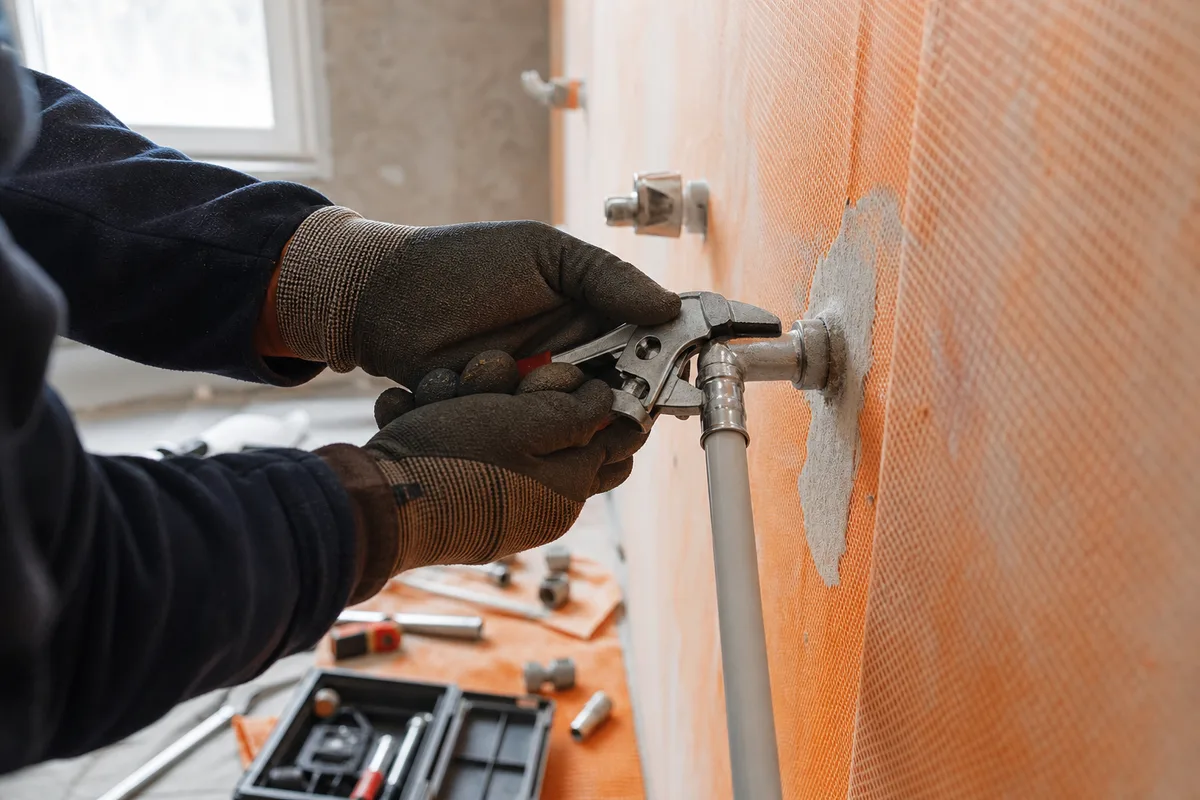Artisan raccordant la plomberie d&rsquo;une douche en cours de rénovation dans une maison près de Quimper